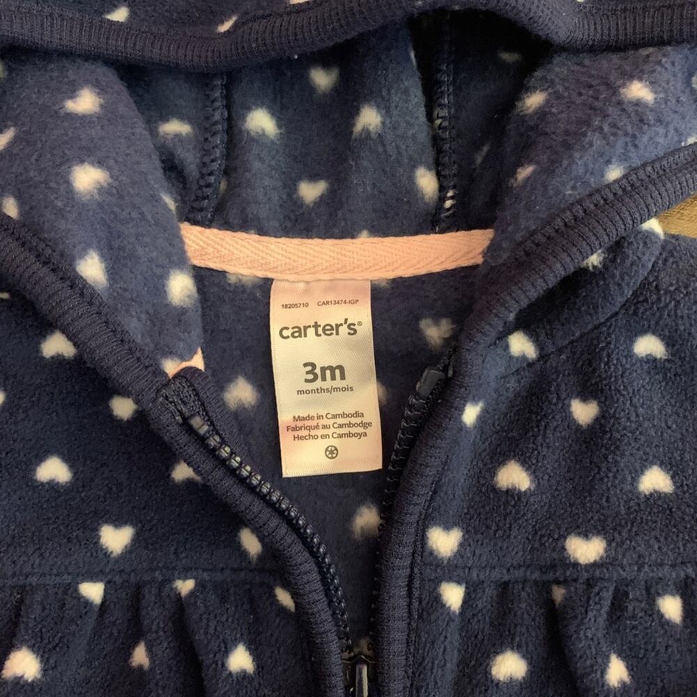 CARTER’S Girl’s Navy with White Hearts Fleece Hooded Zip Up Jacket / Size: 3 Mos - Picture 3 of 10